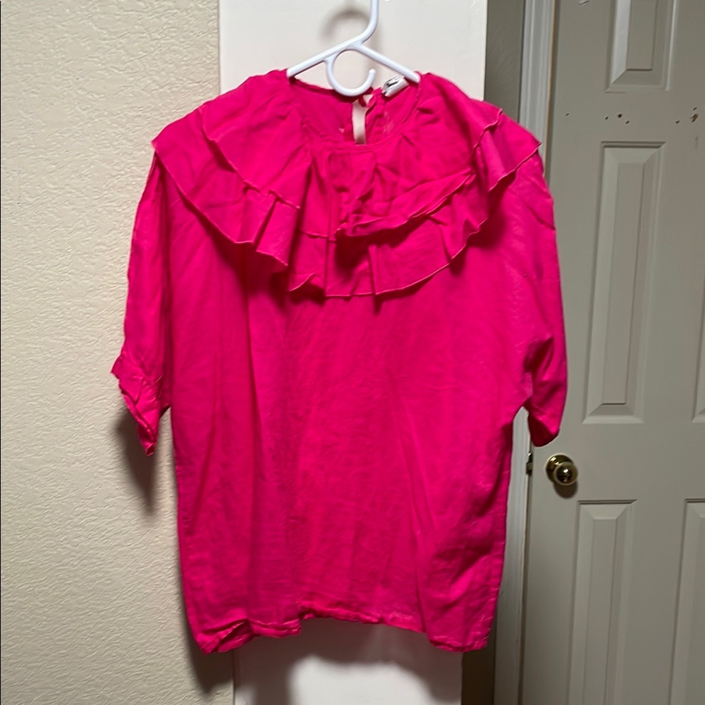 Vibrant Pink Ruffled Blouse with Relaxed Silhouette